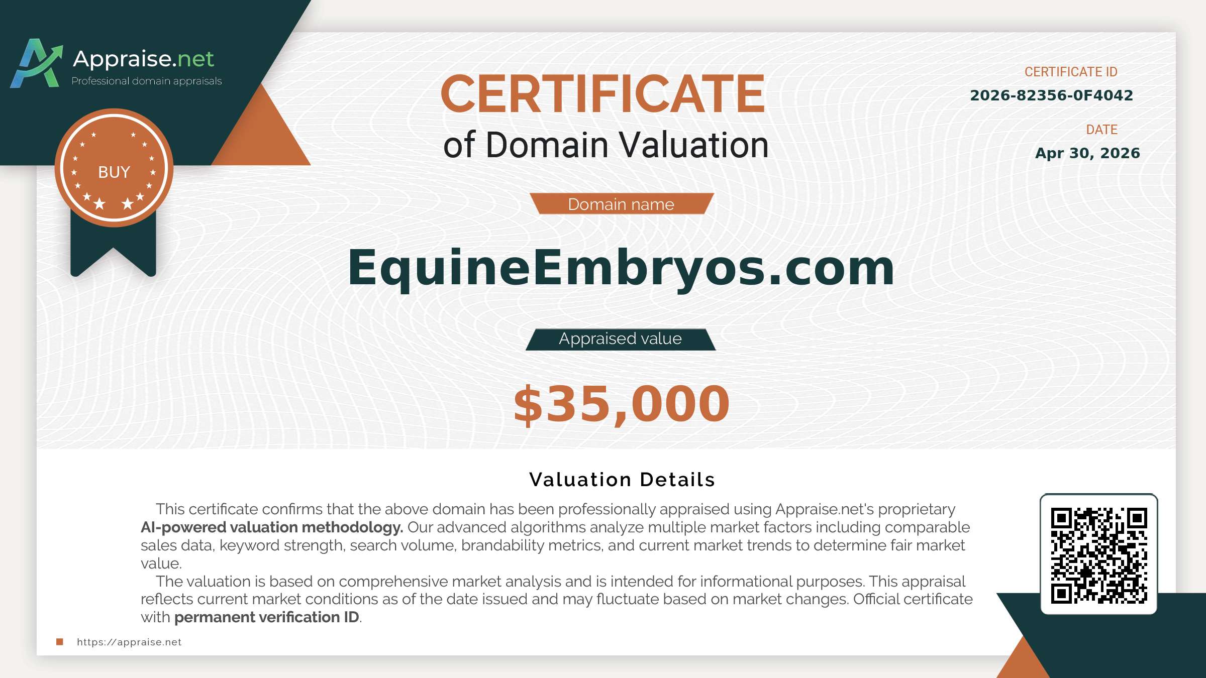 Independent appraisal certificate for EquineEmbryos.com domain name